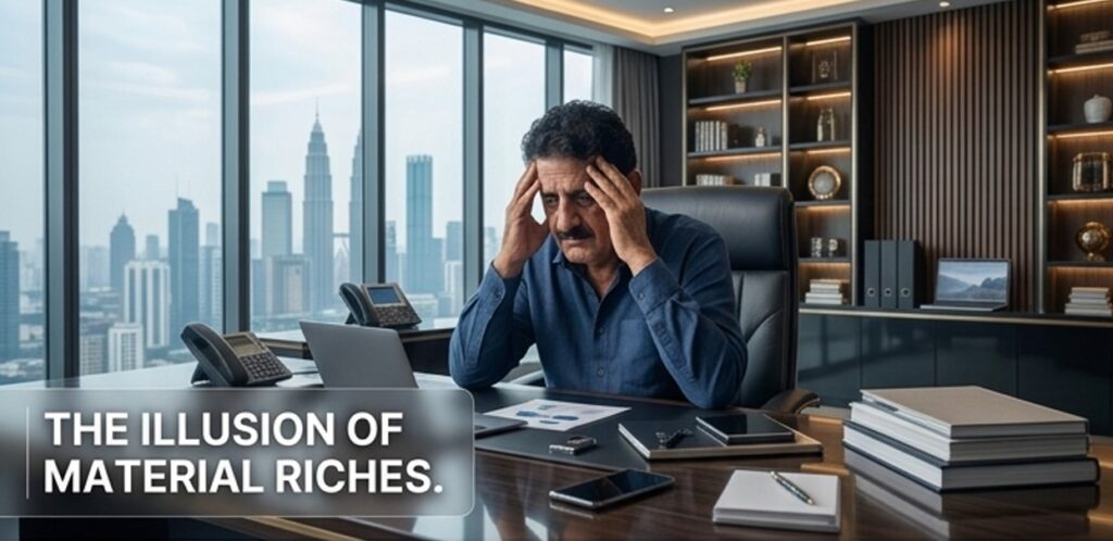 A man overwhelmed by material success representing the illusion of the material world
