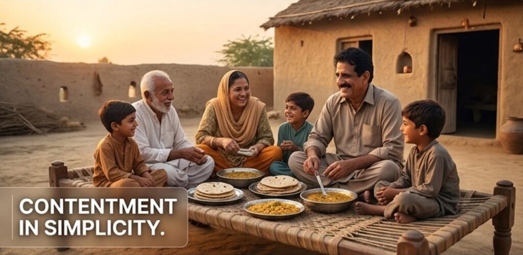 A poor family sharing a simple meal together showing true contentment and inner peace despite material poverty.