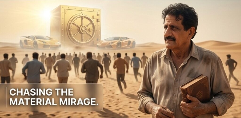 A wise man standing still while crowds chase material wealth in a desert representing the connection between contentment and true inner peace.