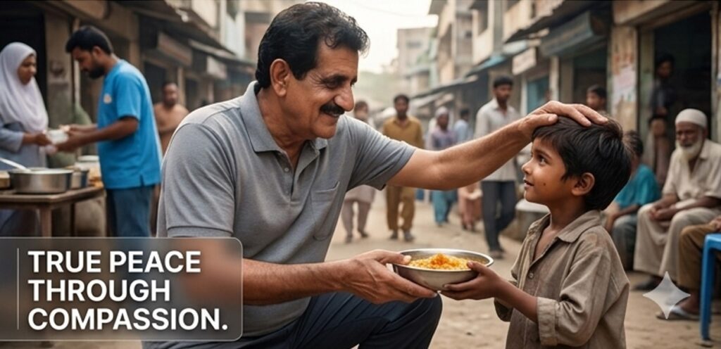 A compassionate man feeding a hungry child on the street representing the hidden secret of soulful peace found in helping others.